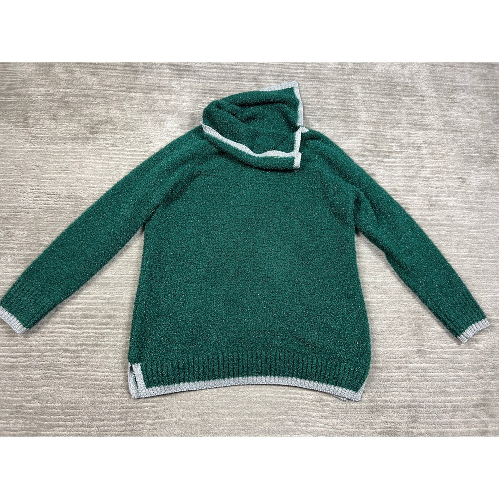 Crown & Ivy Sweater Womens PL Green Cowl Neck Silver Trim Metallic Shimmer Knit